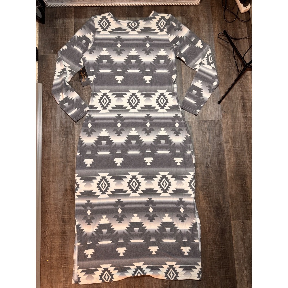 Wrangler Retro Womens Grey Aztec Print Long Sleeve Maxi Dress Side Slit Large - Picture 7 of 7